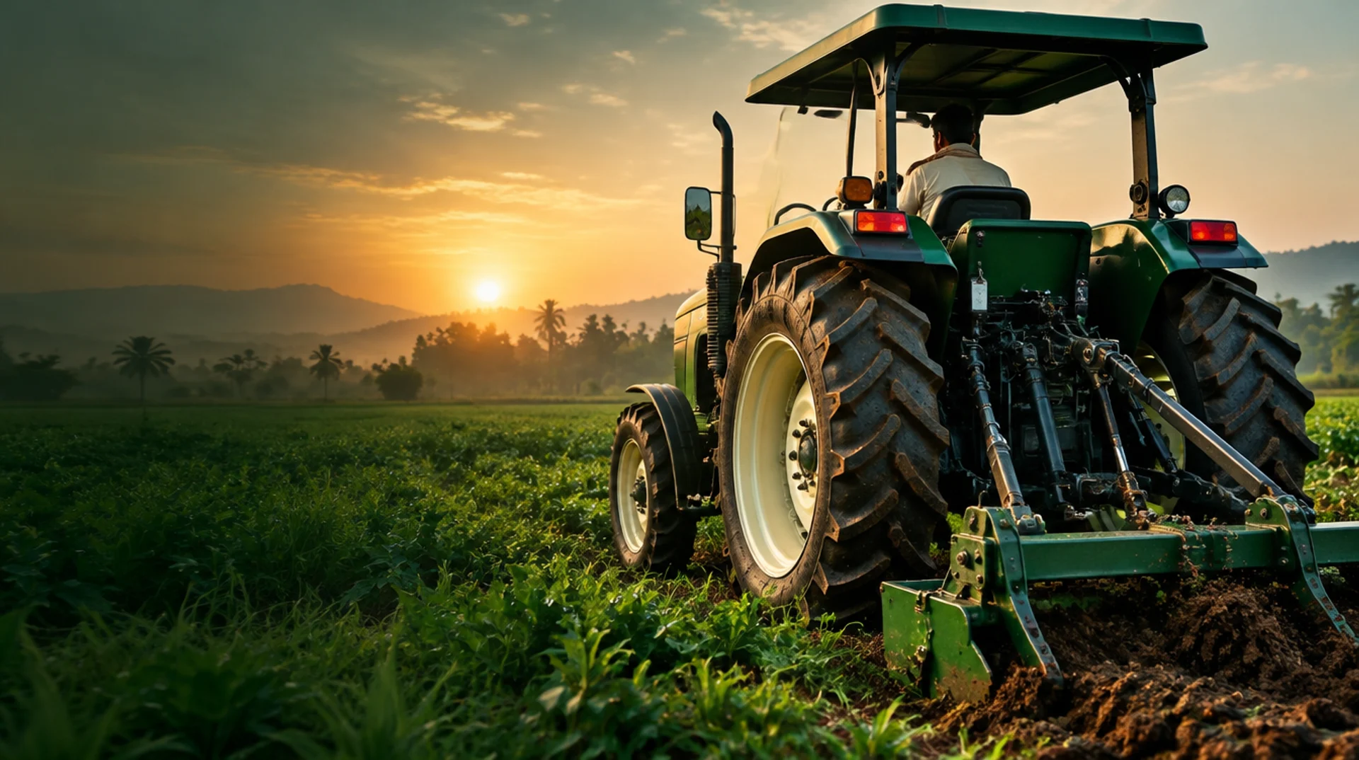 Green tractor in a field at sunrise, a conceptual agricultural scene